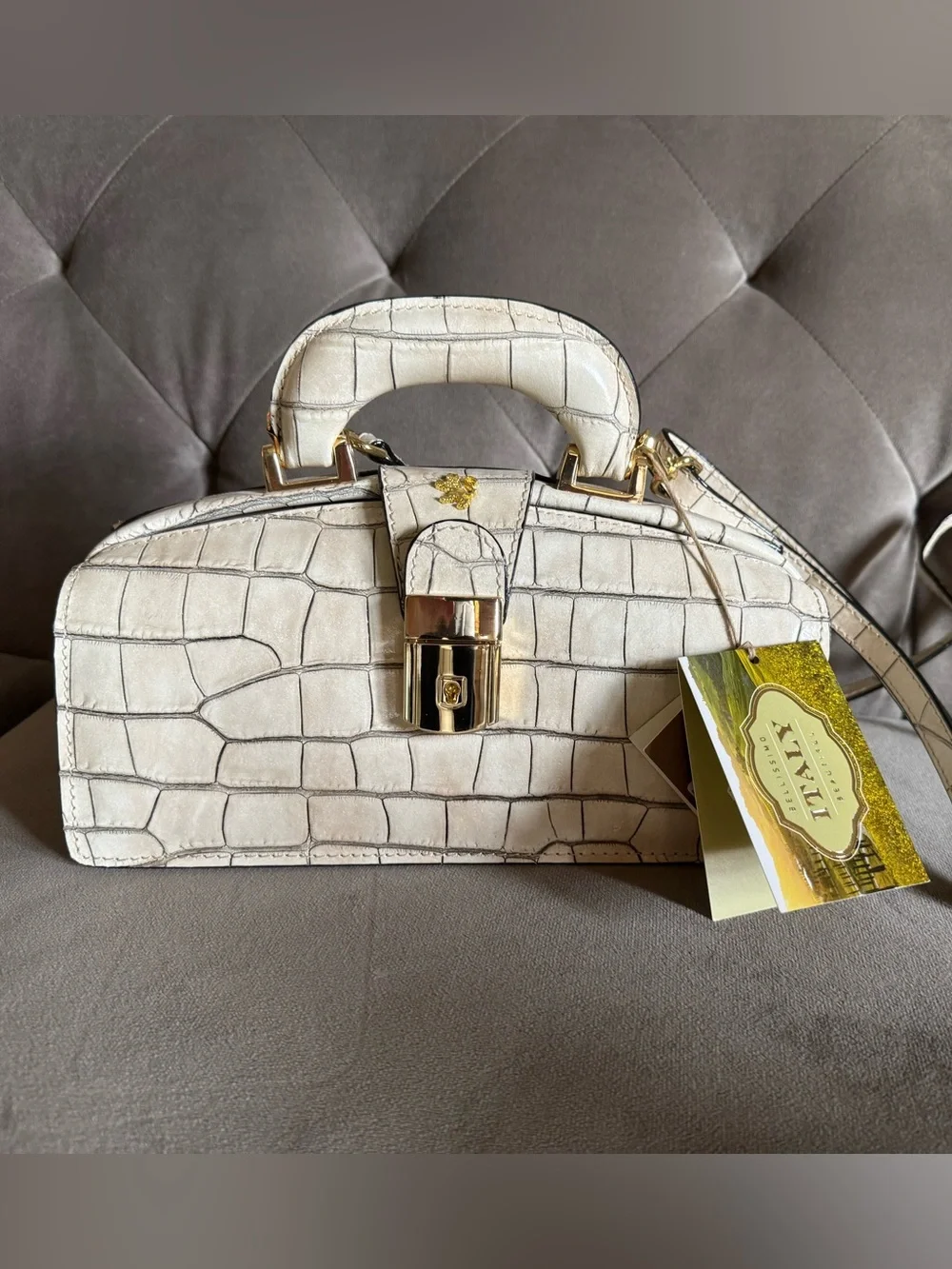 Elegant White Croc-Embossed Dome Satchel with Gold Hardware